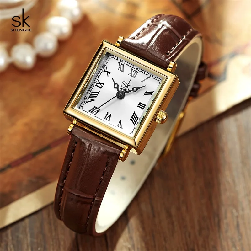 Shengke New Design Ladies Quartz Watches Fashion Square Elegant Women Wristwatches Top Luxury Leather Strap Female Gifts Clock