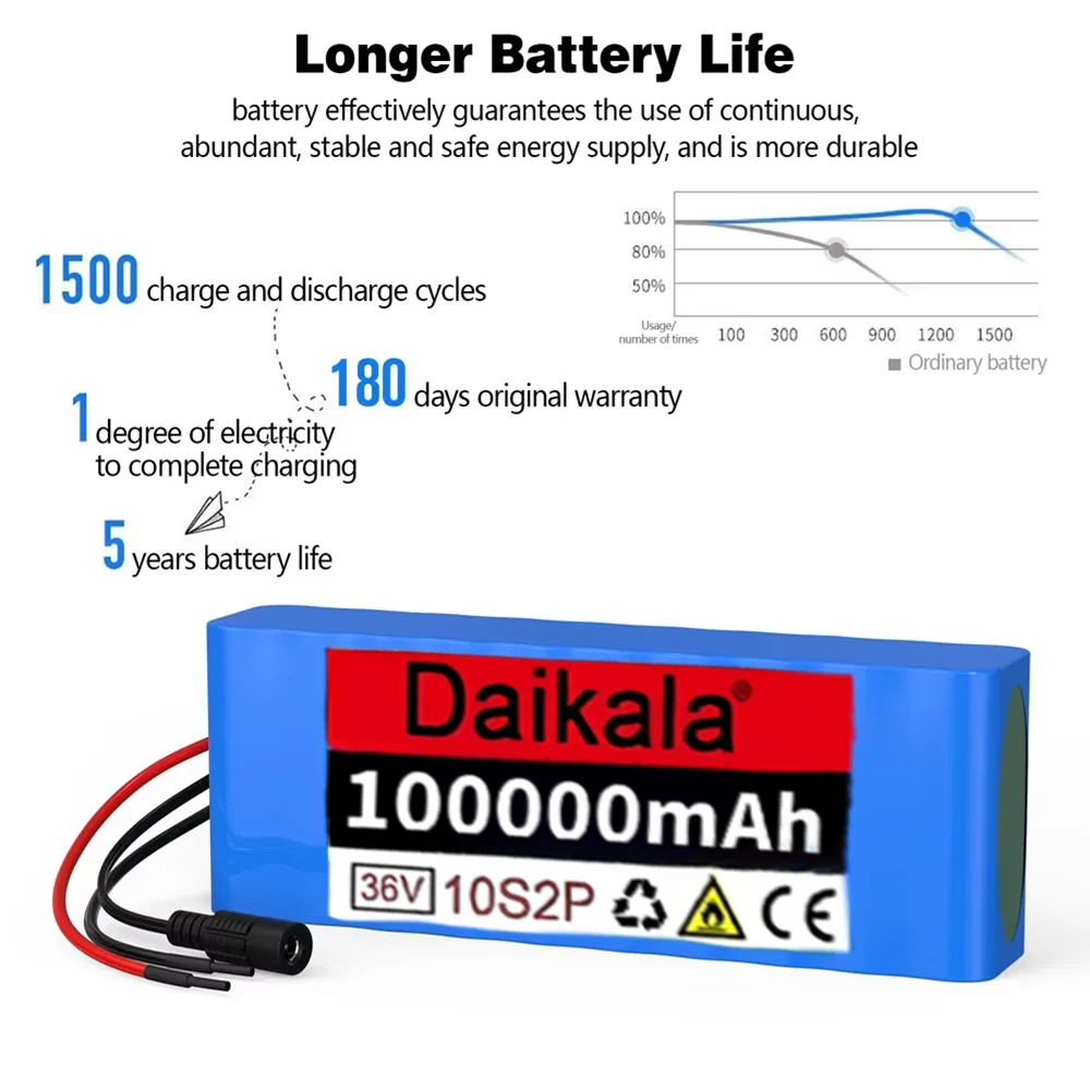 New36V 10S2P 100000mAh High-capacity Scooter Battery 18650 Lithium Battery Pack 500W 100Ah High Power for 42V Motorcycle Scooter