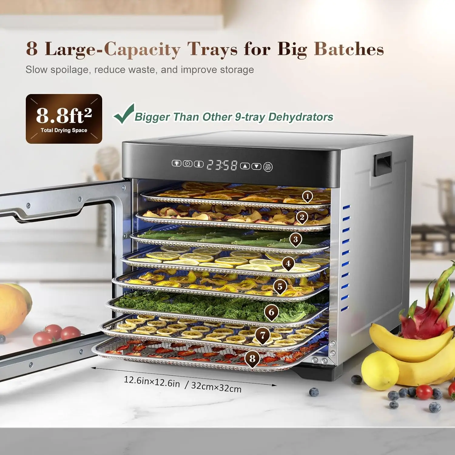 

Food Dehydrator,8.8" Drying Space, Bigger Than 9 Trays Dehydrators,800W Power Saves More Time Than 600W, 190°F Dehydrated Dryer