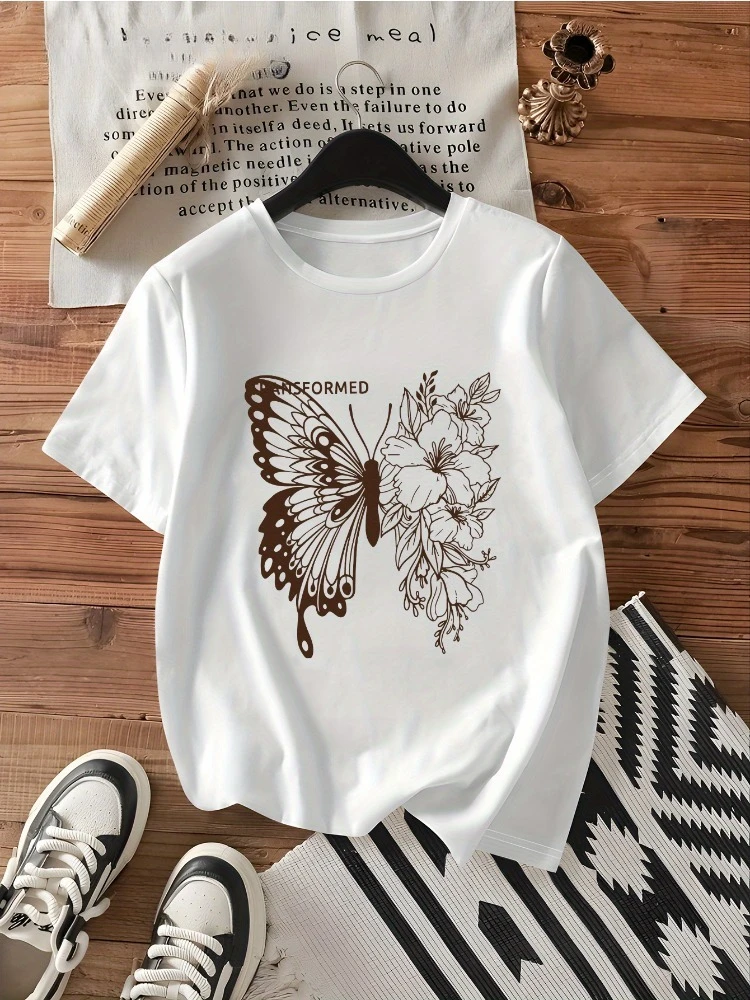 

Half Butterfly Half Flower Print Women's Crew Neck T-Shirt Cotton Short Sleeve Soft and Comfortable Casual Wear Unique Style