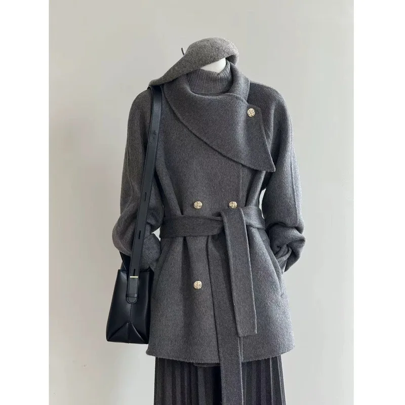 

2025 Autumn Winter New Korean Trendy Women's Woolen Coat Irregular Lapel Double Breasted Mid-Length Overcoat