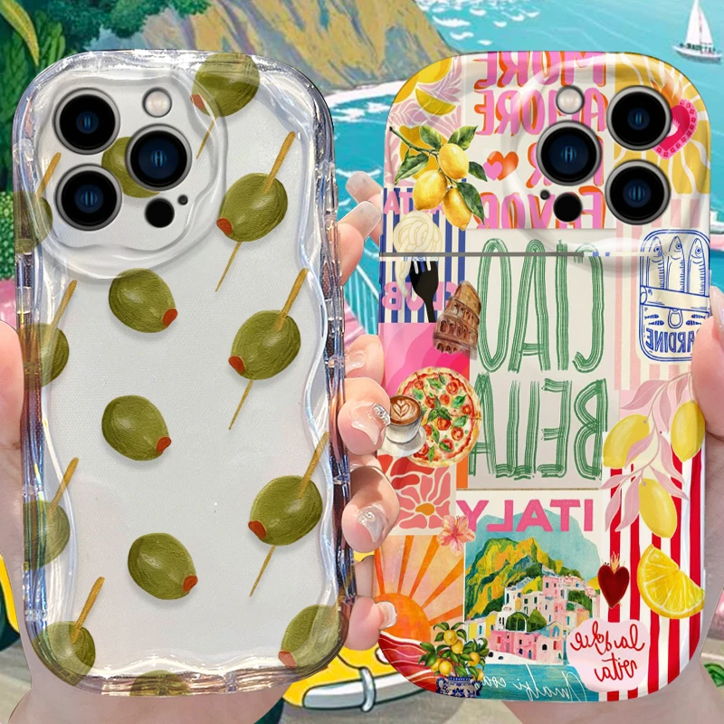 Italian Food Landmark Print Wave Phone Case for iPhone 17 16 E 15 14 13 12 Mini 11 Pro Max 8 7 Plus Liquid Silicone Cover Funda