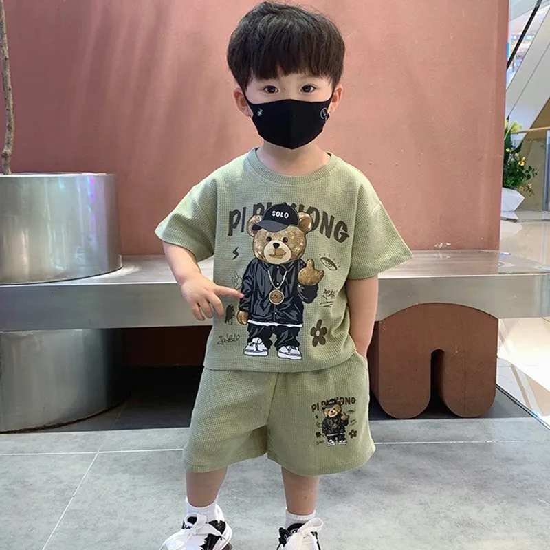 1-12Y Kids Boys T-shirt+Shorts 2-piece Clothes Set Korean Style Fashion Handsome Suit Cartoon Bear Summer Sports Casual Clothing