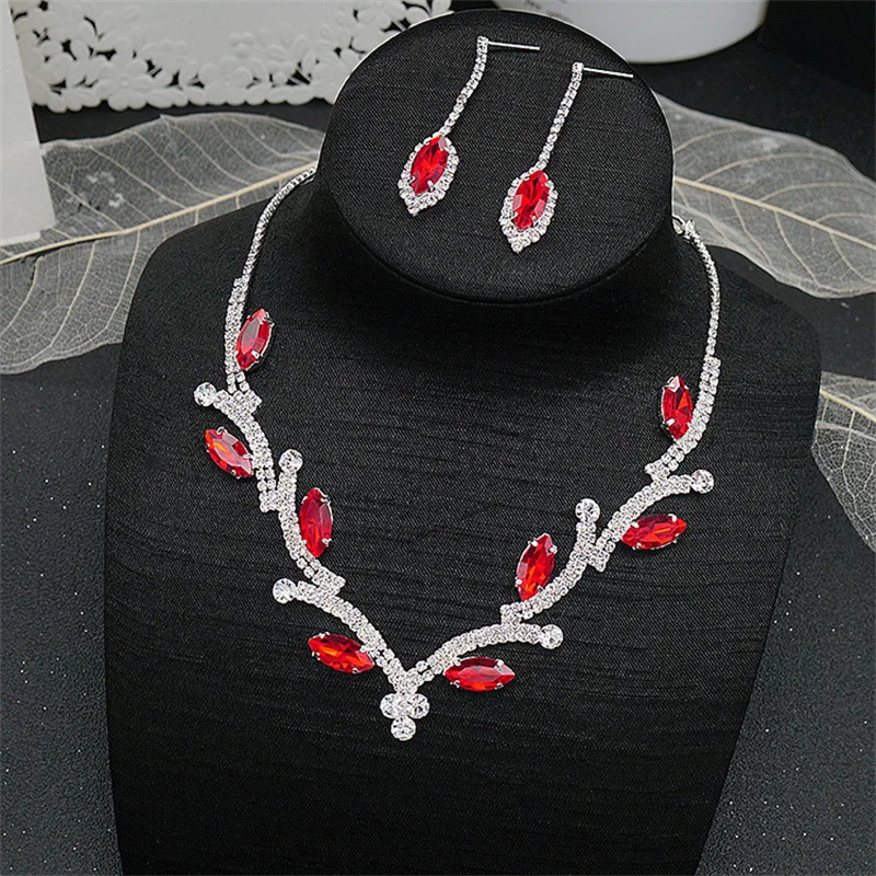 Elegant Geometric Rhinestone Necklace Earrings Women Pink Red Blue Green Crystal Earrings for Wedding Bride Jewelry Sets