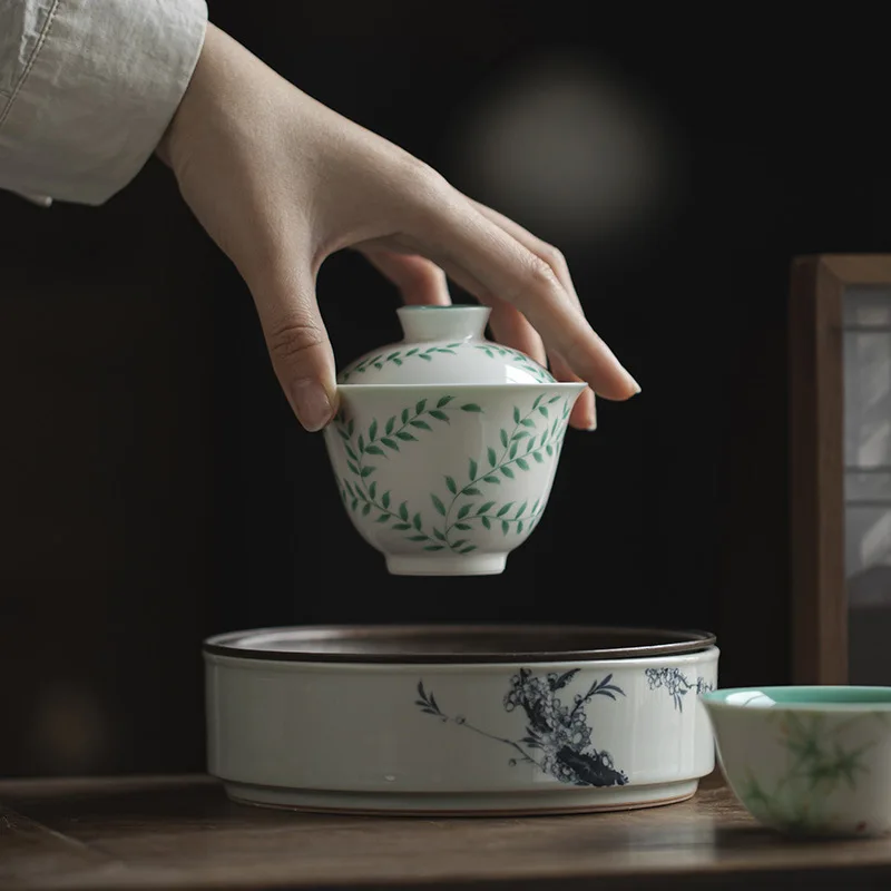 الكرمة رسمت باليد الكونغ فو مجموعة المنزلية السيراميك اليشم الطين الصقيل الداخلي الفيروز وعاء شاي أخضر الباحث Gaiwan #3