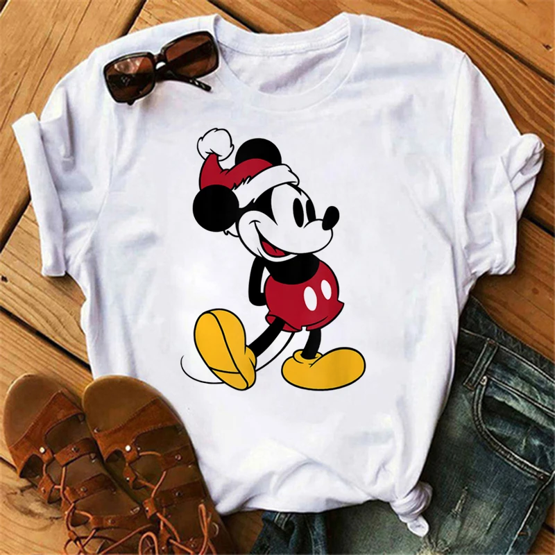 90s Christmas Mickey Print T-shirts for Women Fashion Minnie Mouse T Shirt Streetwear Female Clothes Kawaii Disney Tshirt