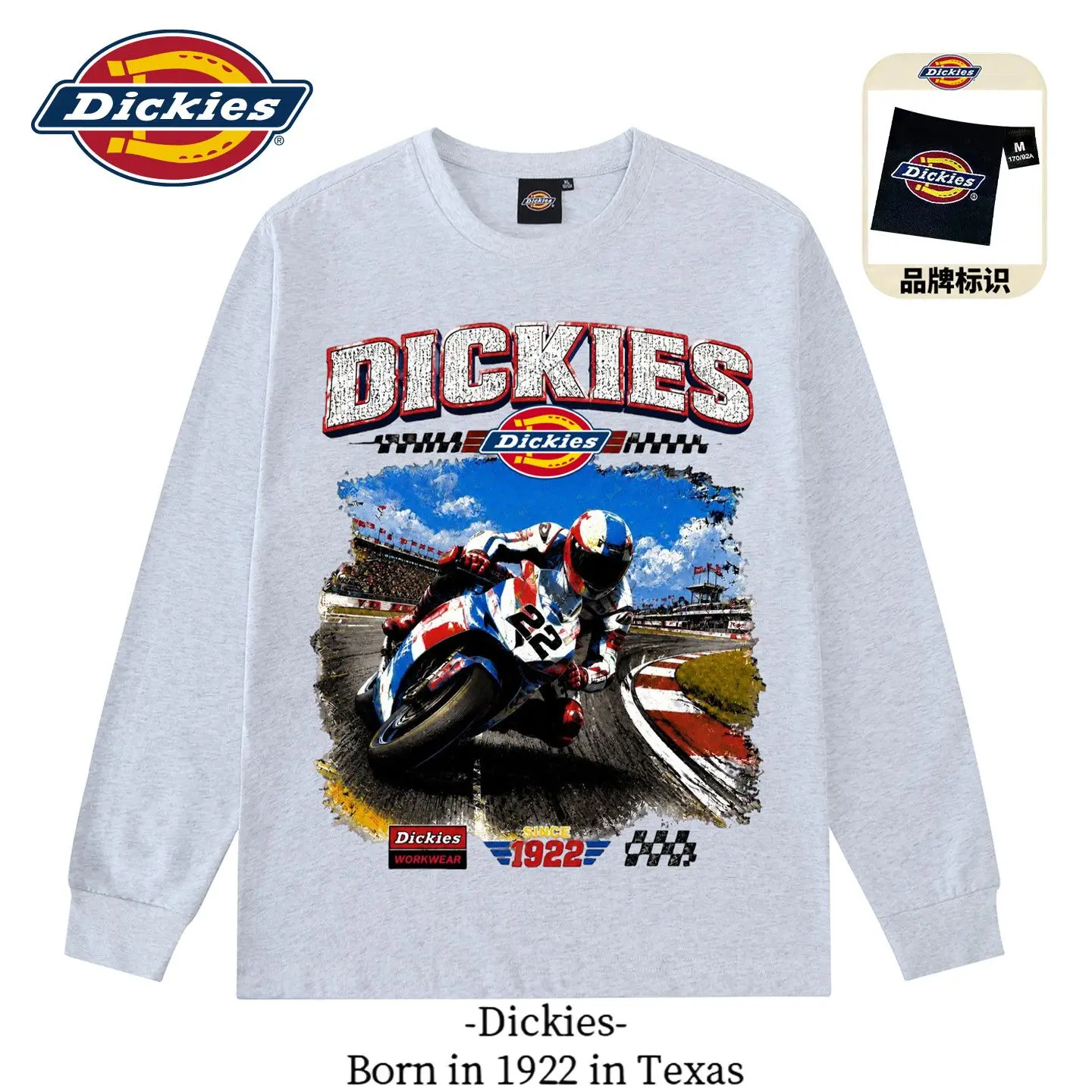 Dickies New Biker Style Couple Pure Cotton Long Sleeve T-Shirt, American Streetwear Crewneck Casual Top for Men Women