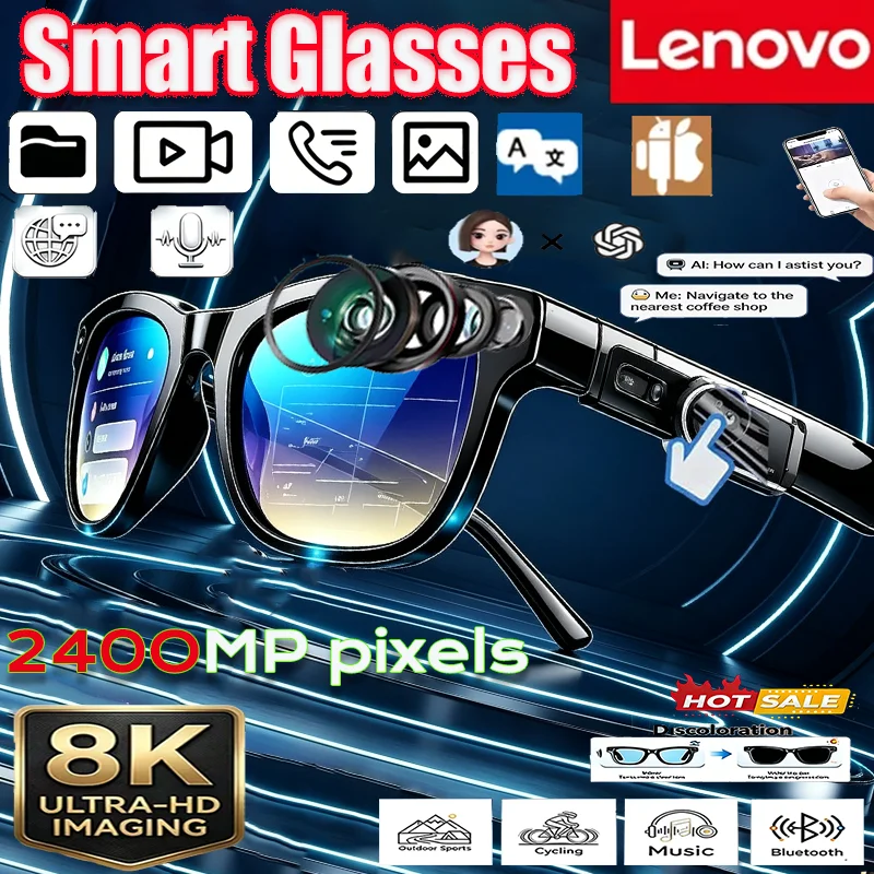 Lenovo 8K 2400MP AI Smart Glasses Eyewear Vedio Translation Photo HD Hands-Free Calling AI Chat Music Playback Smart Sunglasses
