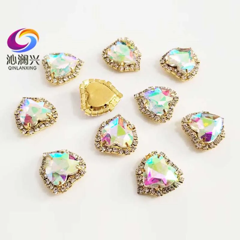 Heart Shape AB Color Crystal Glass Rhinestones, Gold Bottom Sew on Buckle, Used for Needlework, DIY/Sewing Accessories, 10Pcs