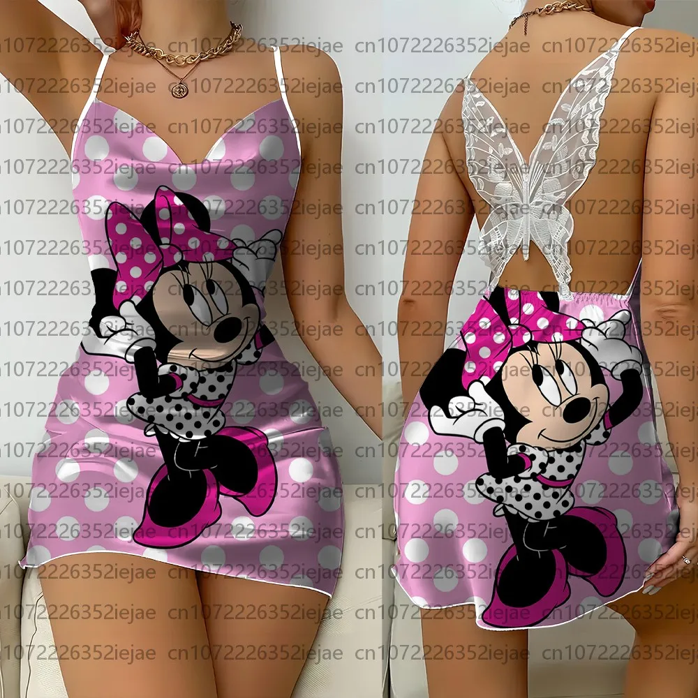 

Winter Sexy Nightgown Lingerie Backless Lace Nightgown Disney Mickey Print Silk Robe Loungewear Camisole Nightgown Loungewear
