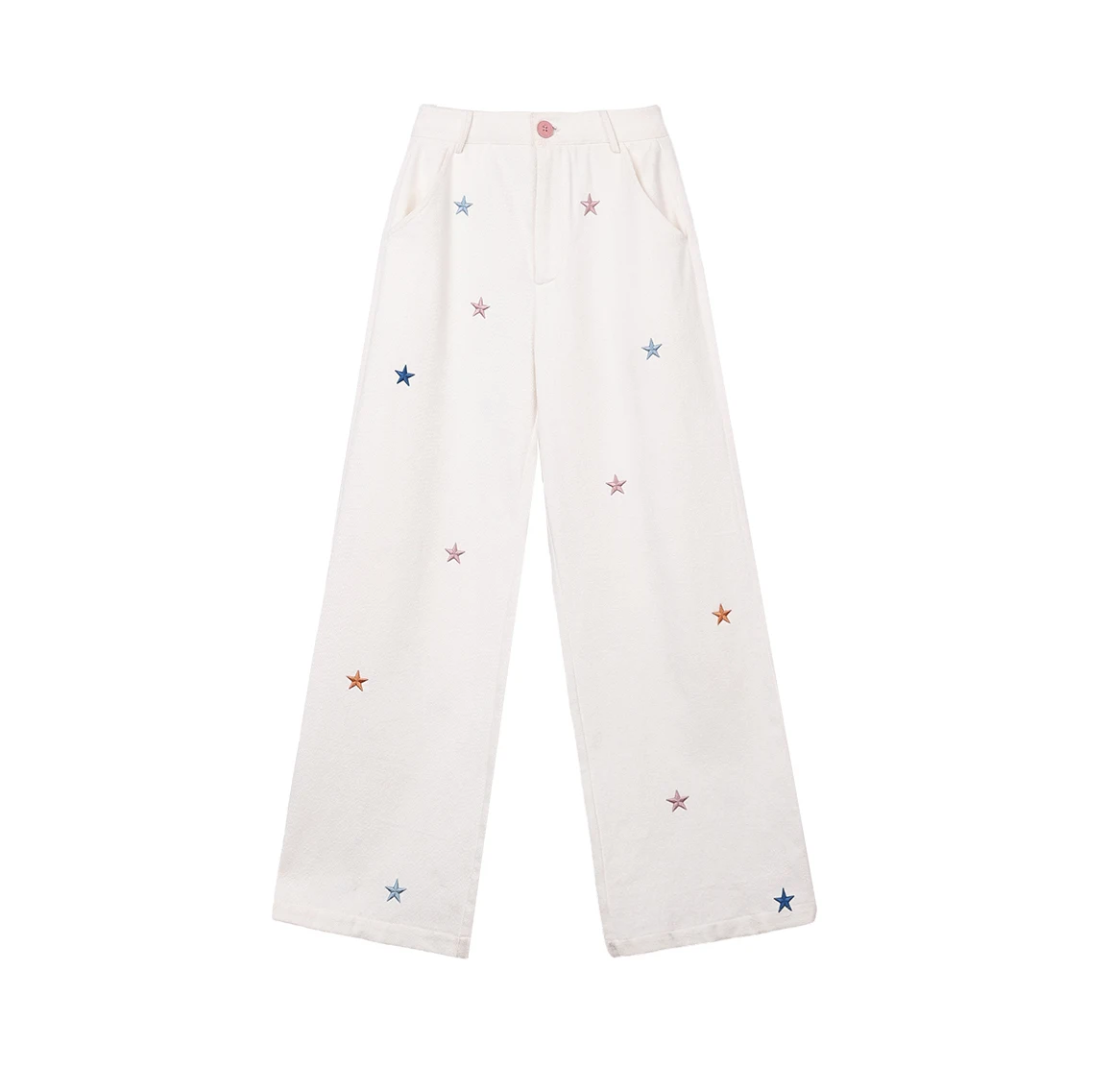 

Fashion Versatile White Denim Jeans Women's Spring Autumn Loose Wide Leg Pants Colorful Star Embroidery Female Long Trousers