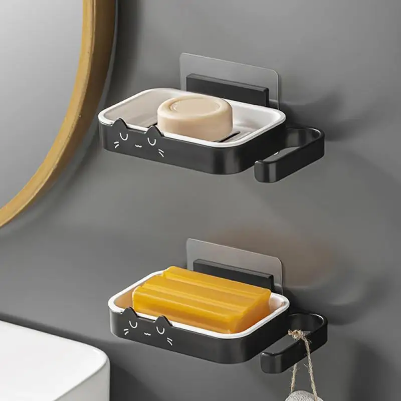 Wall Mounted Cat Shape Hanging Soap Dish Drain Rack Bathroom Kitchen Shower Soap Holder Storage Tray Cleaning