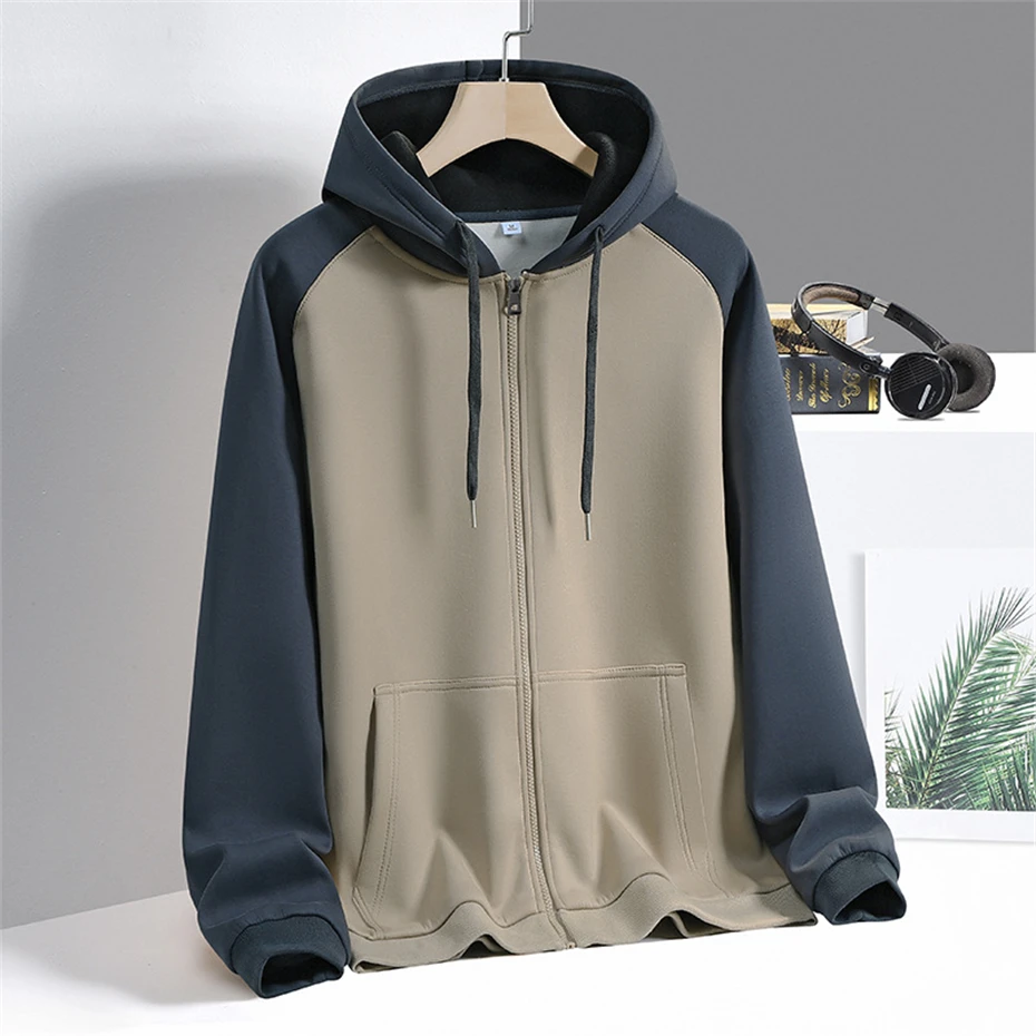Zipper Hoodie Jacket Men Fashion Casual Contrast Color Sleeve Patchwork Hoodie Male Spring Autumn Hoodies Plus Size 5XL