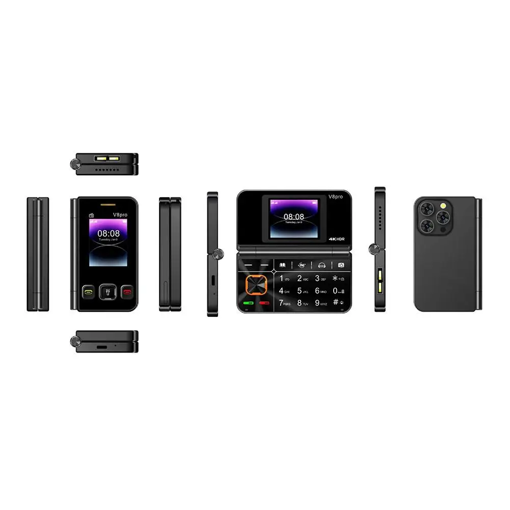 For V8pro Dual Screen Folding Flip Feature Phone 2G Elderly Foreign Language Mobile Phone Large Button Flashlight