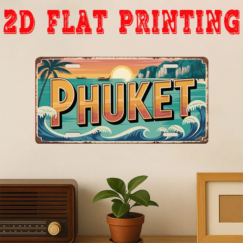2D Flat, 1pc Vintage Metal Sign, Phuket Island Sign, Beach Retro Wall Decor, Tropical Home Decor, Garden Decor, Bar Decor