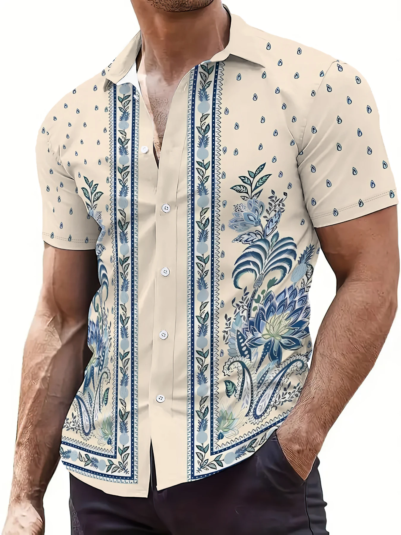 

2026 Summer New Style Men's Short-Sleeved Shirt with 3D Leaf Pattern Print Comfortable Soft Breathable and Lightweight camisas