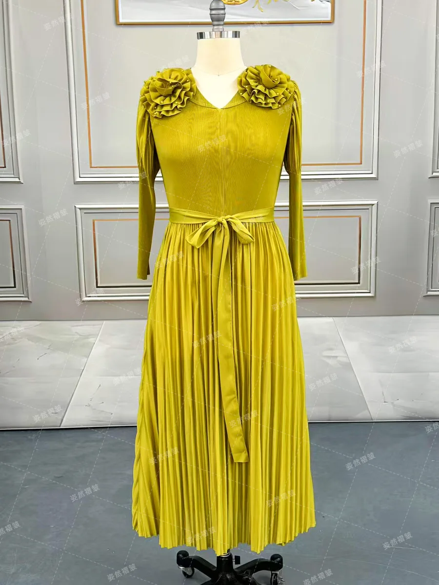 Large size women's fat mm long skirt light luxury high-end Miyake Ichisaki pleated long sleeve dress European and American vacat