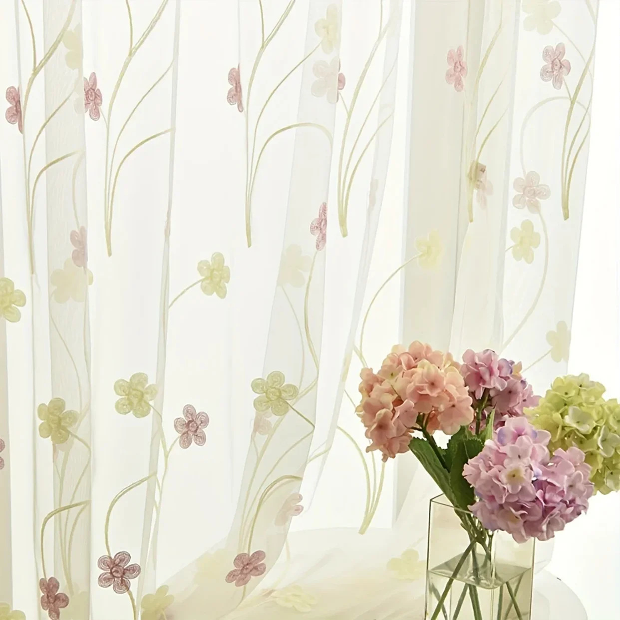 Rustic Pink White Embroidered Floral Gauze Curtain for Bedroom Living Room Balcony Bay Window Daytime Curtain Sweet Transparent