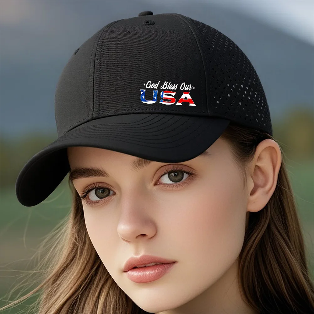 미국 패턴이 있는 6피스 레이저 천공 야구 모자, 자외선 차단 및 방수 통기성 메쉬 스포츠 챙 모자