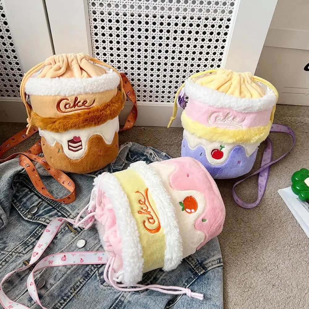 Drawstring Cherry Cake Crossbody Bag Adjustable Straps PP Cotton Cake Shoulder Bag Fluffy Soft Cherry Cake Storage Bag