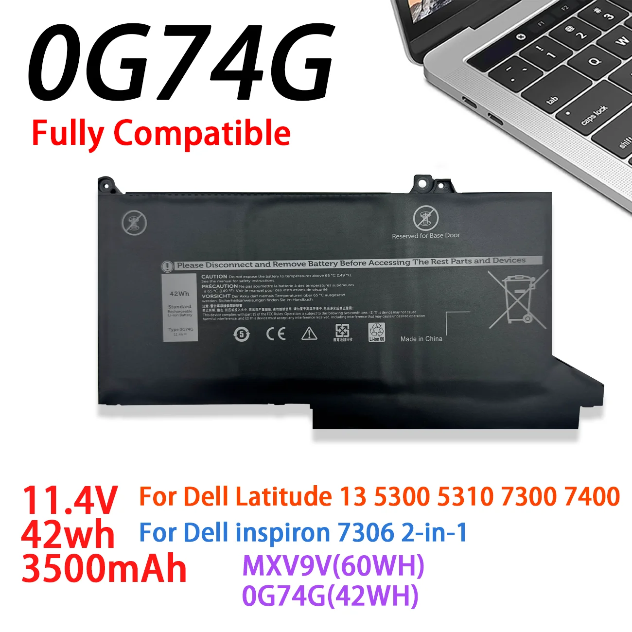 

NEW MXV9V 0G74G Laptop Battery For Dell inspiron 7306 2-in-1 Latitude 13 5300 5310 7300 7400 0G74G 60W