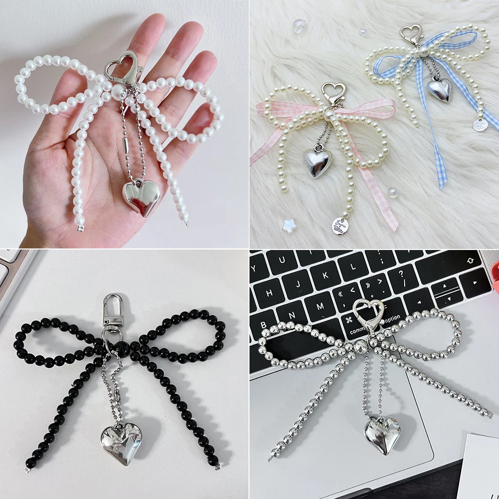 Trendy Bowknot Heart Bag Pandent Keychain Women Sweet Charm Pearl Bow Bag Key Ring Decoration Phones Ornament Bag Accessories