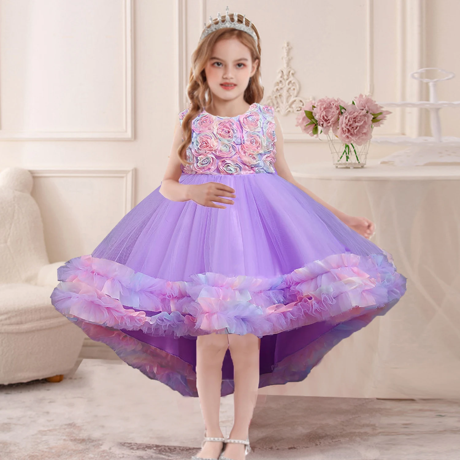 Charlotte Stylish Little Girls 3D Rose Petal Flower Girl Dress Birthday Party Pageant Hi-Lo Rainbow Gown 68018