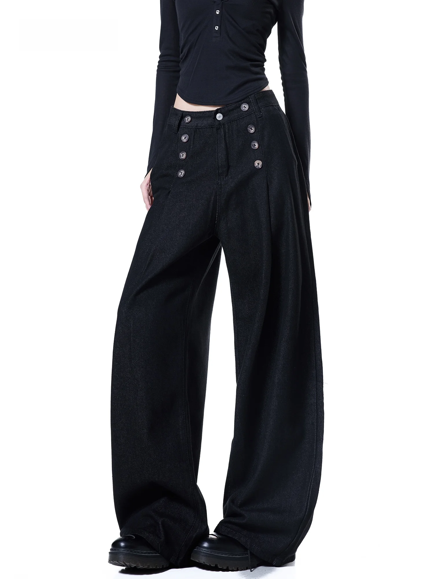 High Waist Wide Leg Black Button down Denim Jeans Women Loose Fitting Floor Length Slimming American Retro Style Autumn New