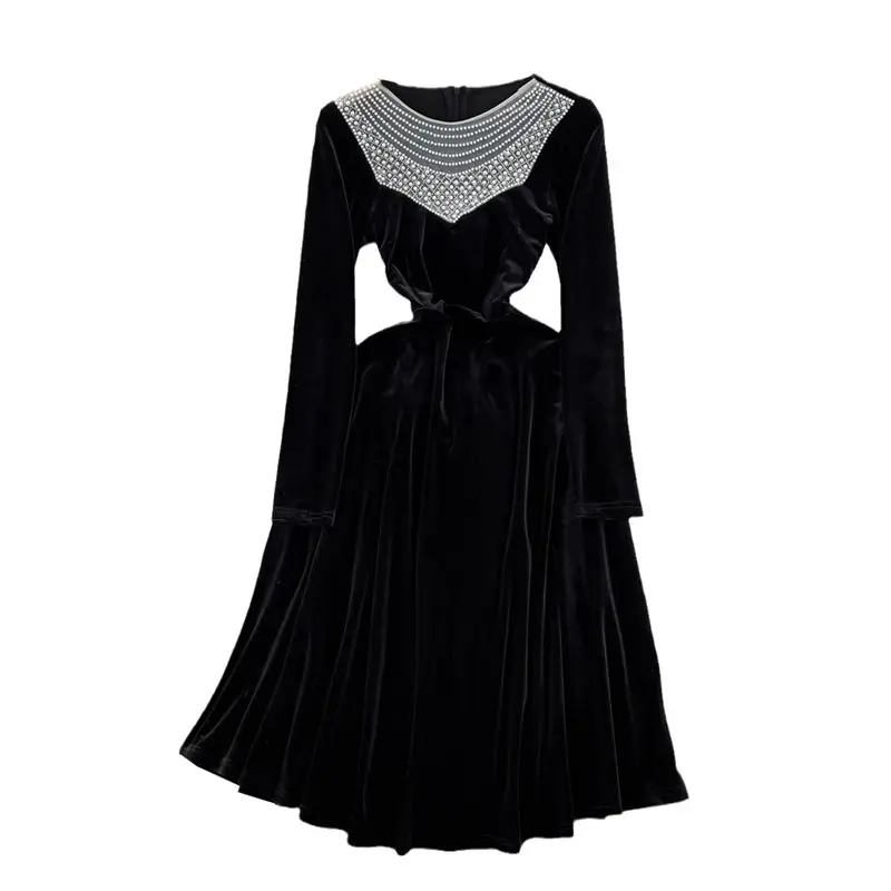 Light Luxurious Temperament Velvet Dress Full Sleeve Mesh Beading Round Neck Slim A-Line Elegant Long Dress Women Autumn Z3773