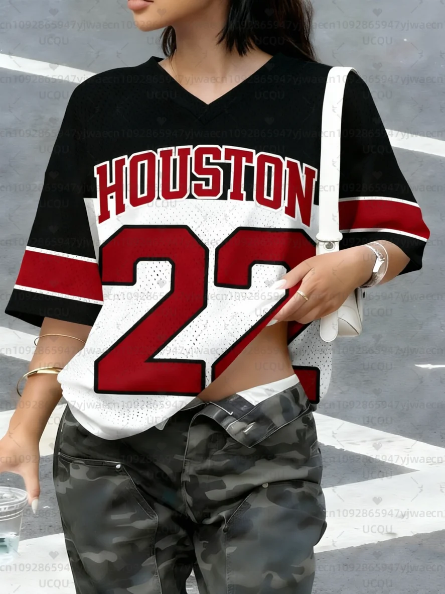 Women's NO.22 Houston Print V-Neck Short Sleeve T-Shirt Summer Graphic Tee Hole Mesh Jerseys Plus Size Sport T-Shirt