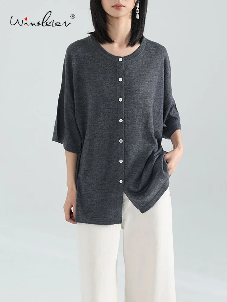 

Winsleter-100%Wool Elegant Sweater, Women Half Sleeve O Neck Solid, OL Casual Thin Knit Loose Cardigan, 2025 Autumn New T58336CC