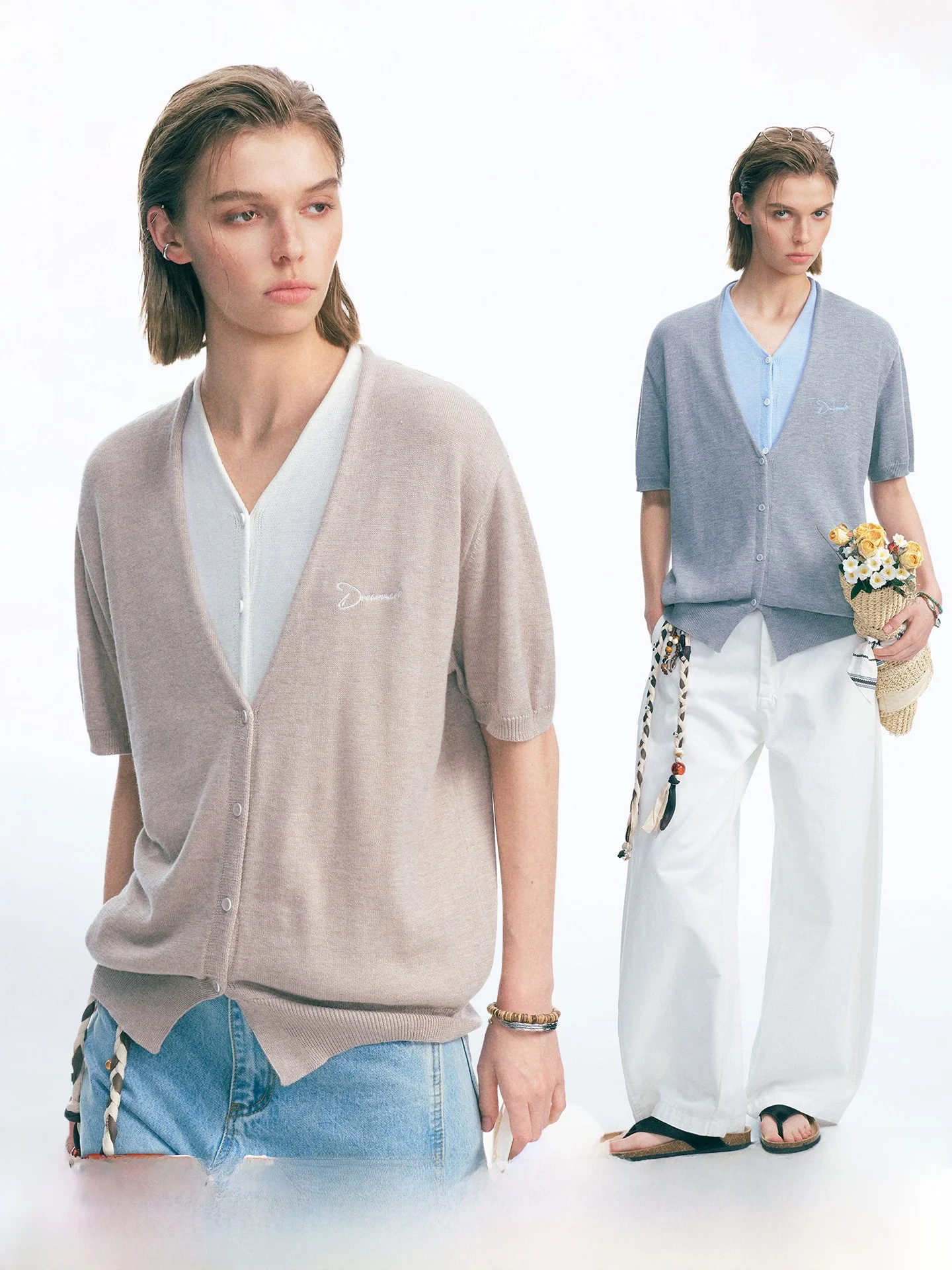 Dream Made Summer Knitted Short Sleeve Men's T-Shirt Thin Wool Blend Casual V-Neck Sweatshirt Breathable Comfortable Polyester
