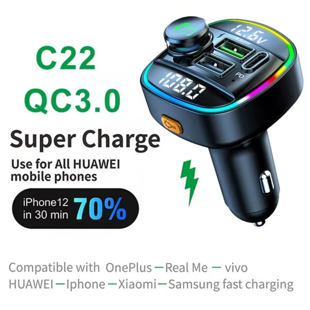 

C22 Car Bluetooth 5.0 Fm Transmitter Qc3.0 PD20W Charger Fast Charging Mp3 Player For Car New Dual Display Voltage Detection