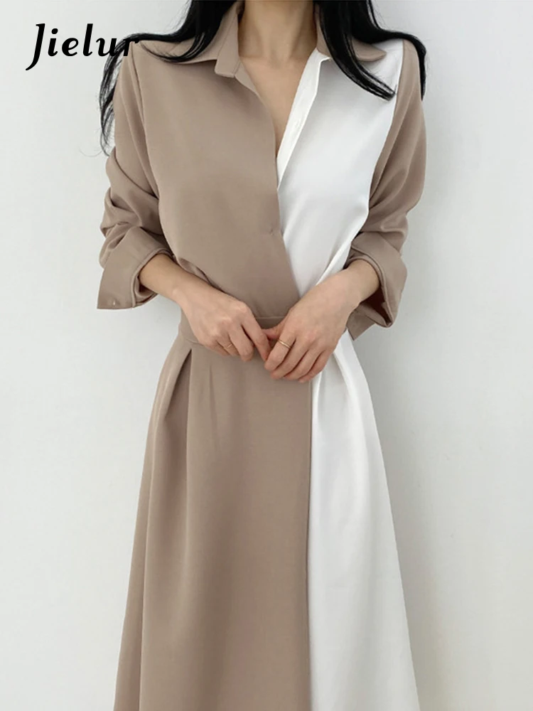 Jielur-Robe Chemise Femme Patchwork, Manches Courtes Bouffantes, Col Rabattu, Simple, Robe Française pour Femme, Bouton Unique, Printemps, Mode