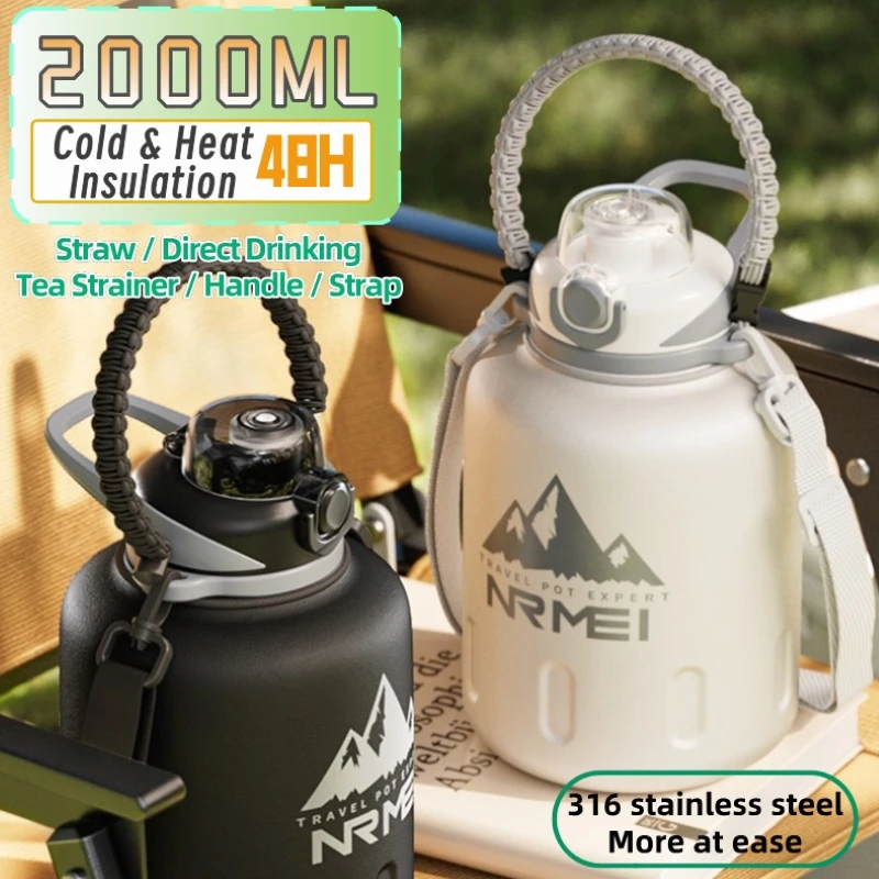 

2L Stainless Steel Bottle Thermos Insulated Tumbler Outdoor Sports 316 Vacuum Flask with Rope and Straw Bottle