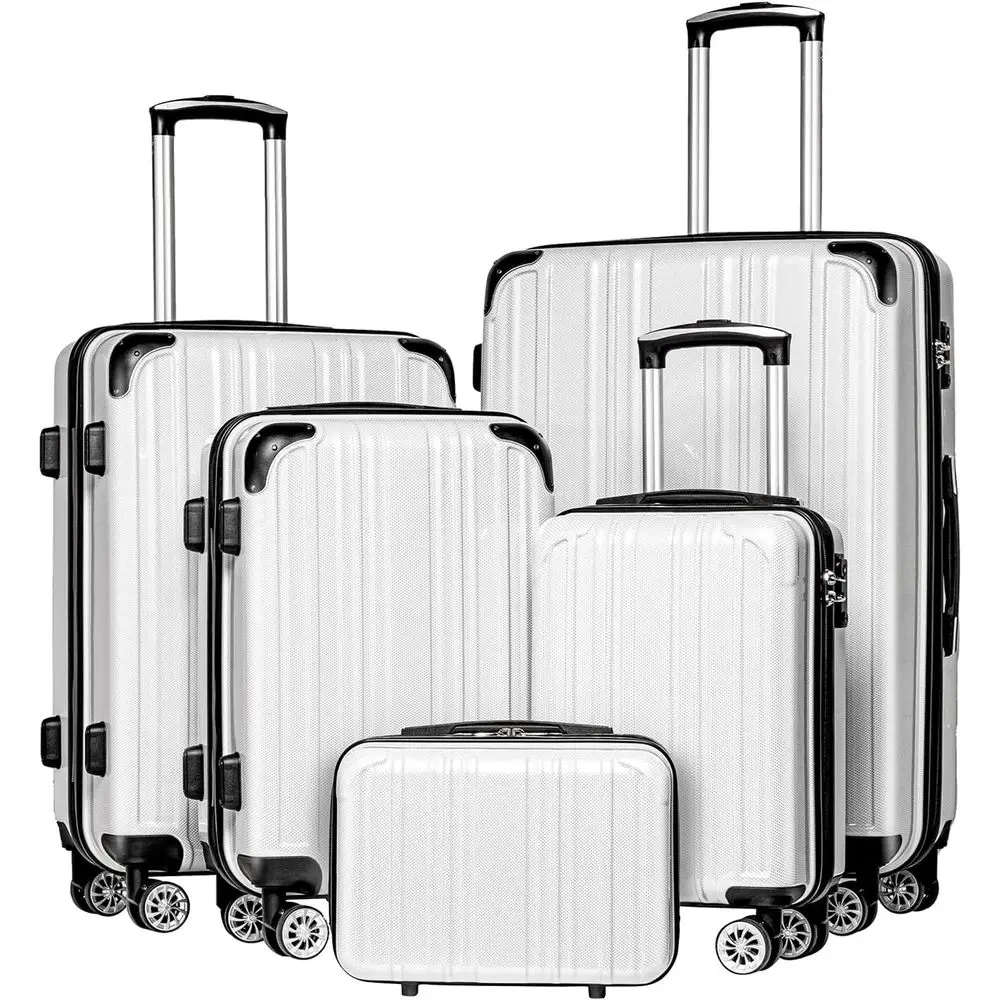 

5-Piece Durable PC+ABS Carry-On Luggage Set with Spinner Wheels, TSA Lock and Zipper (White Grid)