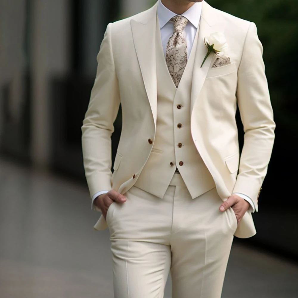 

Elegant White Men Suits Double Breasted Business Blazer Fashion Flim Fit 3 Piece Jacket Pants Costume Homme Pour Mariage