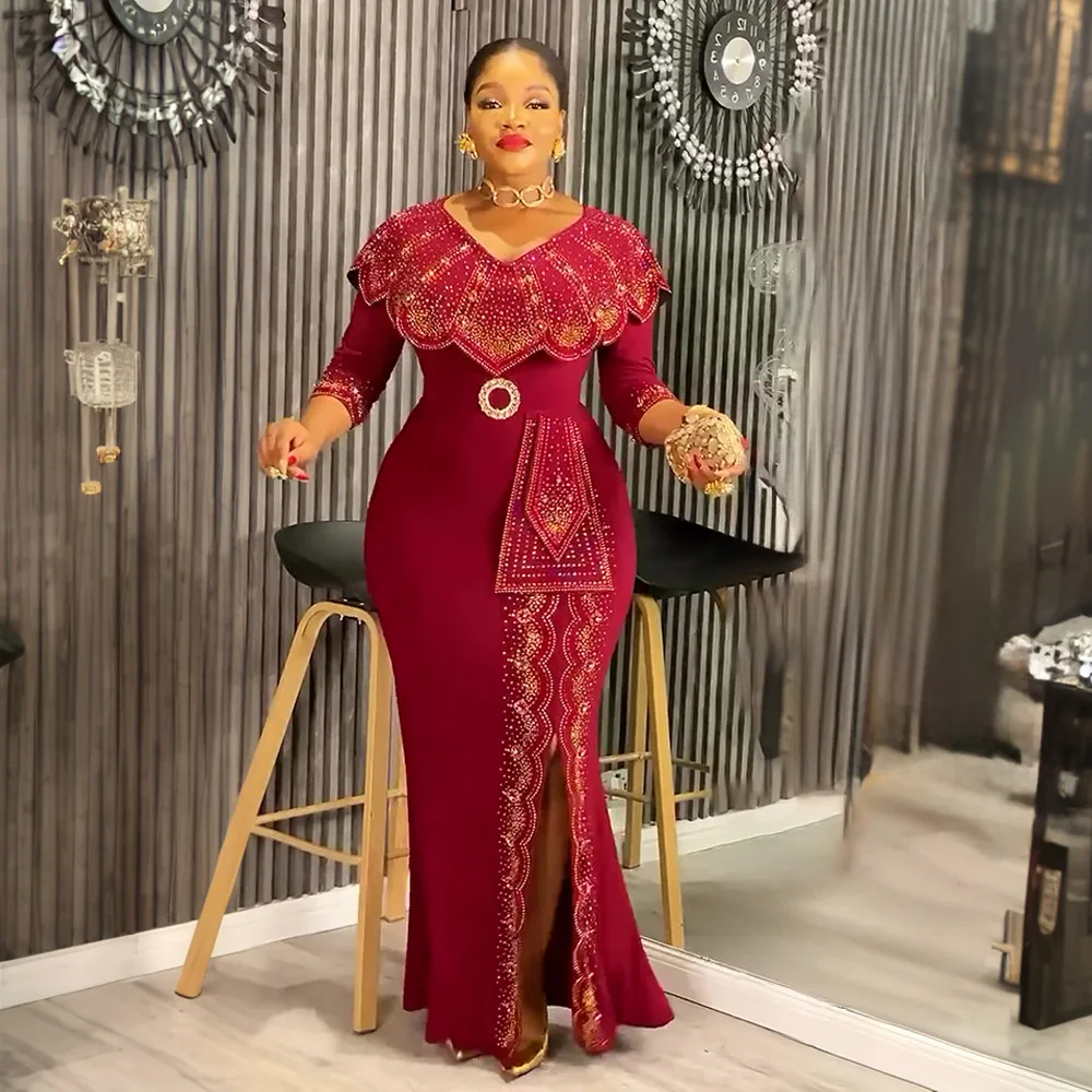 

African Dresses for Women Party Plus Size Dashiki Diamond Bodycon Slit Long Dress Elegant Turkey Muslim Wedding Evening Gown