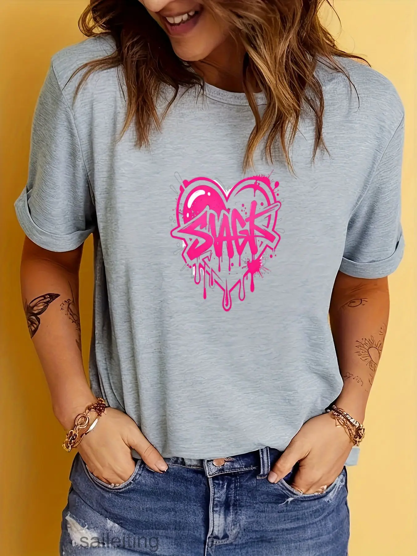 SAX Heart Graffiti T-Shirt Men Women Vintage Streetwear Urban Dripping Paint Tee Casual Rolled Sleeve Short Sleeve Summer Bre