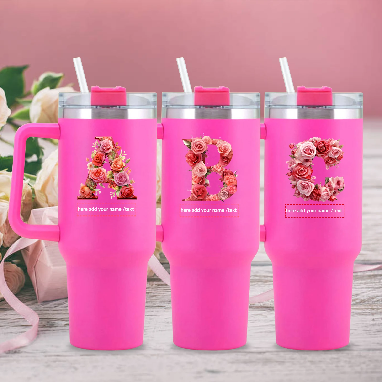 1Pc Customized Name Large Capacity Coffee Bottle with Straw Lid Printed 3D Rose Letters Coffee Cups Hot Cold Insulated Water Cup