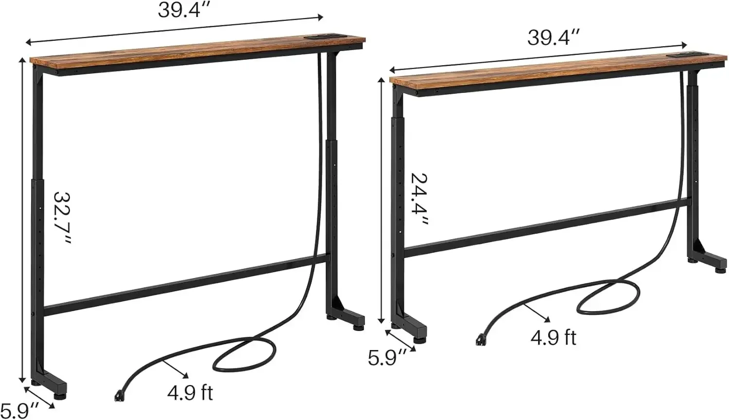 طاولة كونسول ضيقة مكونة من قطعتين مع ارتفاع قابل للتعديل (25 بوصة - 33 بوصة) ومنافذ طاقة، طاولة أريكة بنية ريفية، بطول 79 بوصة مع سلك 4.9 قدم #1