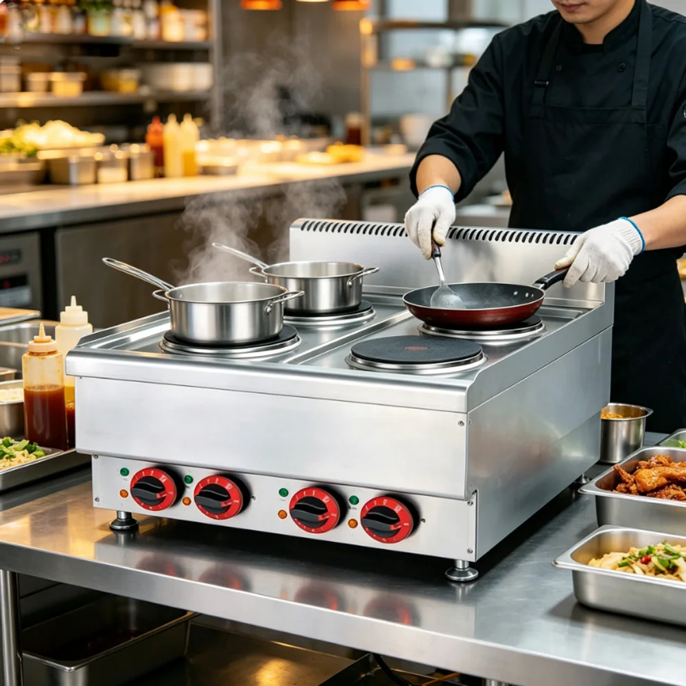 T*& Desktop Electric 4 Pan Bain Marie Countertop Food Soup Warmer Steam Table With Drain Tap for Hotel Canteen Buffet Use