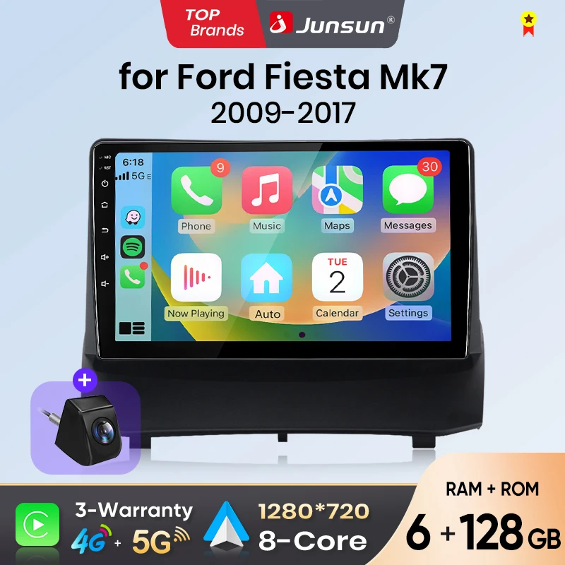 Autoradio Android Auto Junsun pour Ford Fiesta Mk7 (JA8/JR8) 2008 2009 2010 2011-2017, système intelligent multimédia sans fil Apple CarPlay, écran tactile IPS, lecteur vidéo stéréo, autoradio 2 Din, navigation BT GPS 4G WIFI FM AM DSP RDS SWC