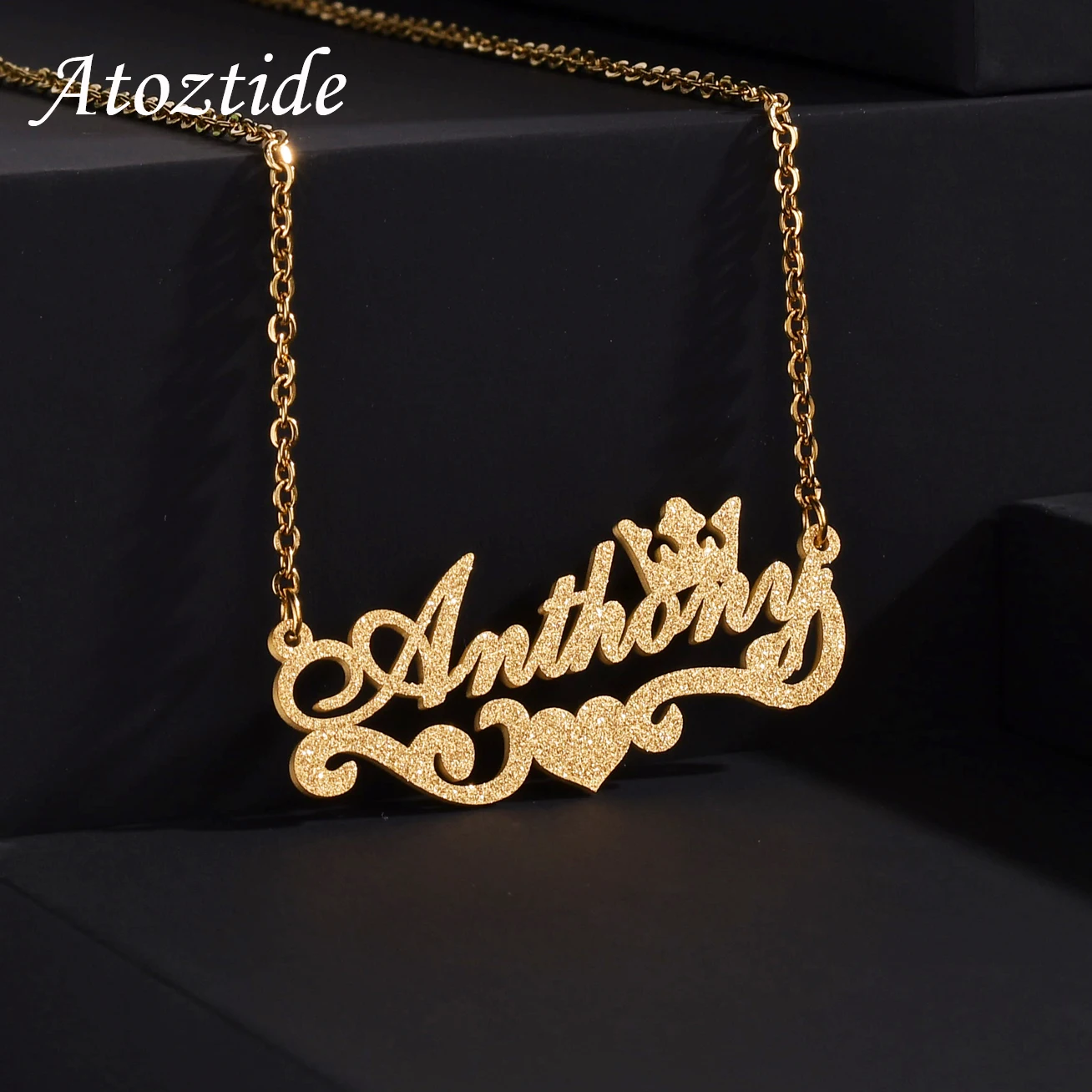 Atoztide Trendy Custom Frosted Name Letter Necklace Stainless Steel Personalized Crown Zircon Pendant for Women Jewelry Gift