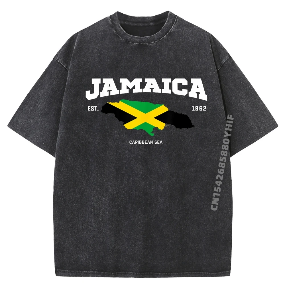 

Jamaican Flag Jamaica Map Jamaican Pride Printed T-Shirt Mens Classic Washed T-Shirts Vintage Graphic Clothes