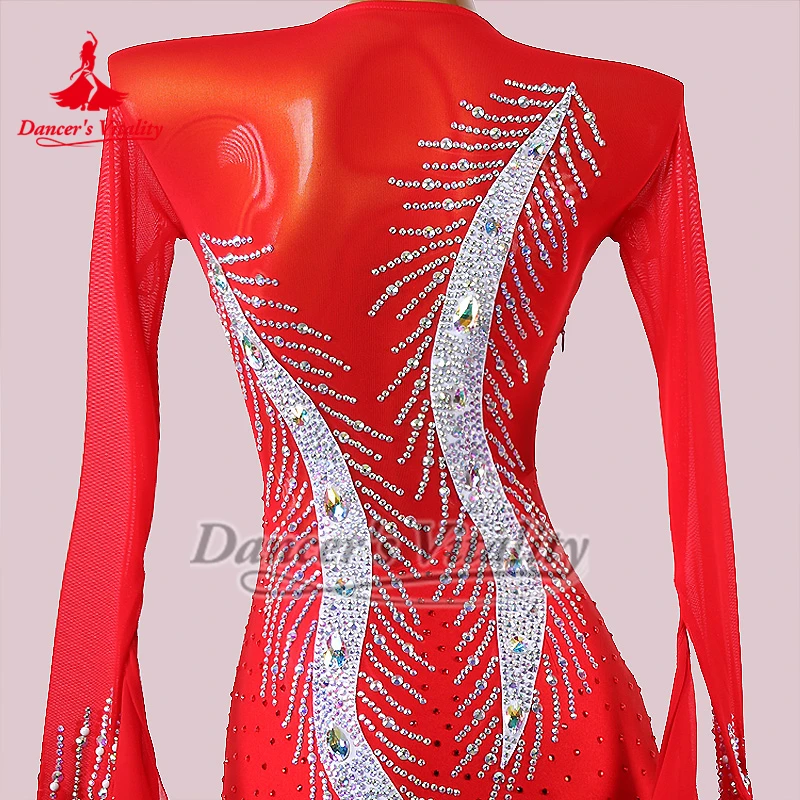 볼룸 댄스 하이 엔드 사용자 정의 빨간색 긴 소매 성인 왈츠 퀵 스텝 탱고 대회 복장을위한 우아한 빅 스윙 드레스