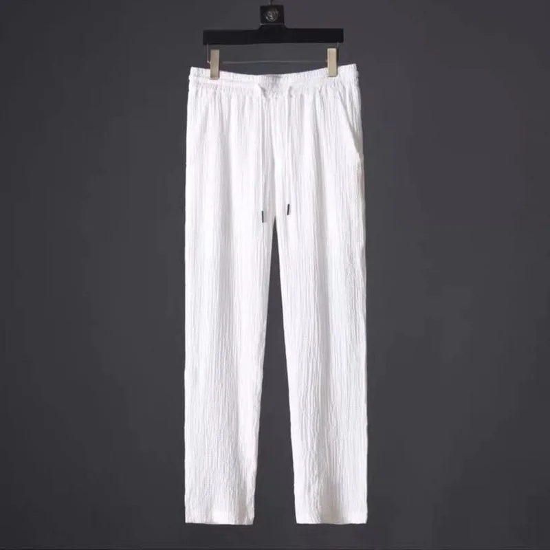 Men's Summer Premium Breathable Thin Linen Tracksuit Casual Athletic 2 Piece Set Short Sleeve Top Long Pants Outdoor Sport Suit