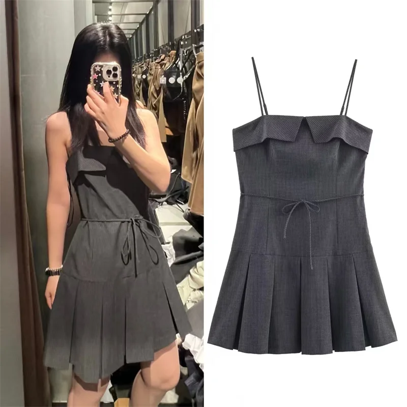 Vestido feminino 2025 inverno novo cinza listrado cinta de espaguete em camadas plissado mini vestido sexy elegante único