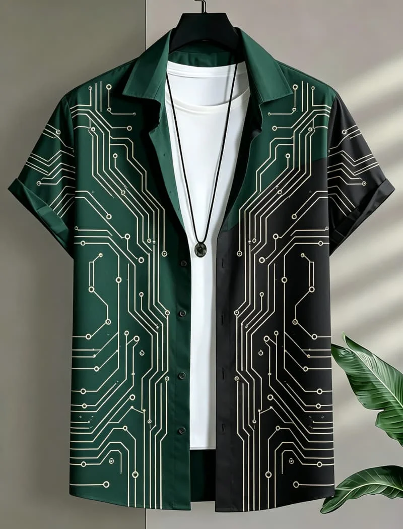 Men's Short Sleeve Button Shirt Circuit Board Tech Geometric Line Print Two Tone Casual Beach Mens Clothing