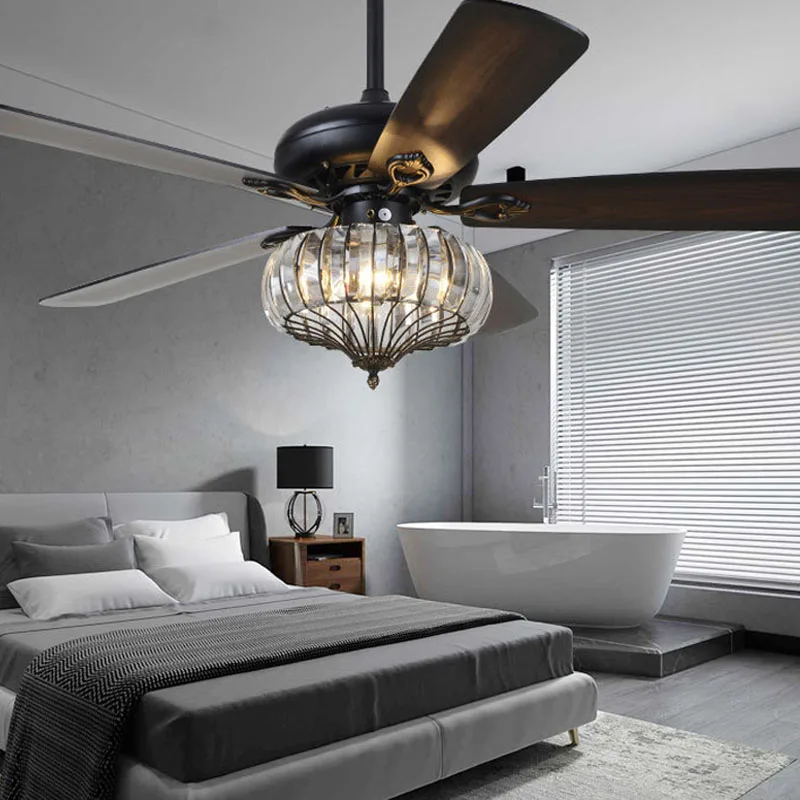 Ceiling Fan with Light 52 Inch Industrial Ceiling Fan Wooden Blades Vintage Cage Chandelier Fan Light with Remote Control AC110/